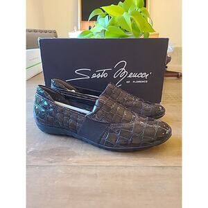 Sesto Meucci Womens Size 7N Patent Leather Croc Brown Slip On Flats Italian‎